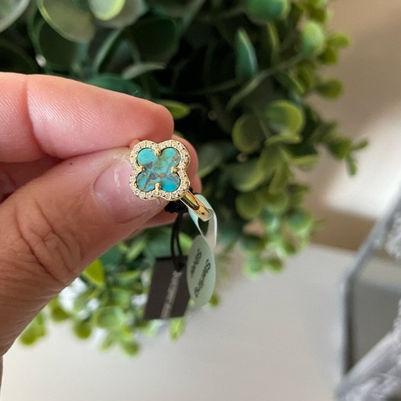 Brand New Gemolio Gold Over Sterling Silver Blue Copper Turquoise Clover 7 Ring - Picture 4 of 7